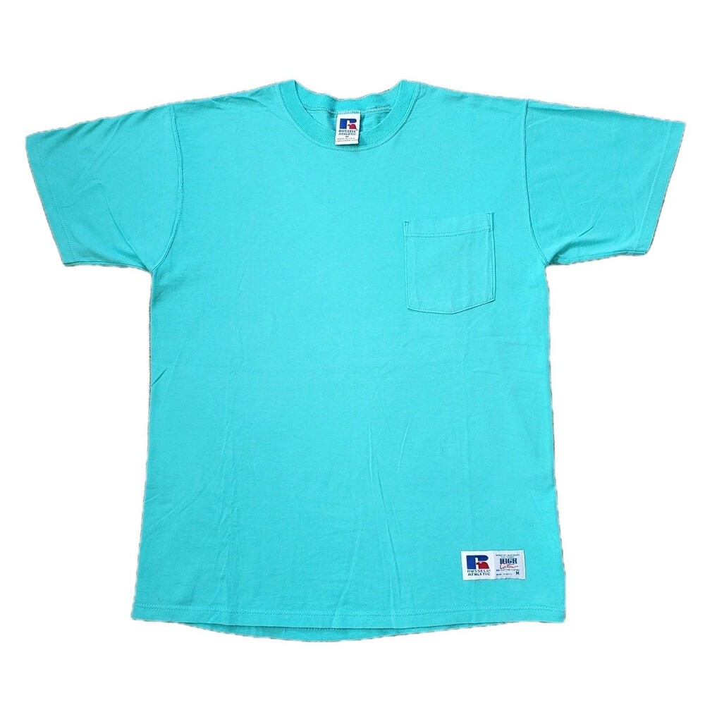 Vintage 90s Russell Athletic High Cotton Sz Medium USA Made Mens Aqua Pocket Tee